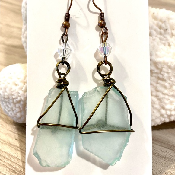Jewelry - 41. Handcrafted Sea Glass Wire-Wrap Earrings - Light green